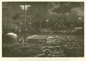 Les travaux de la moisson éclairés, la nuit, par la lumière électrique - French School